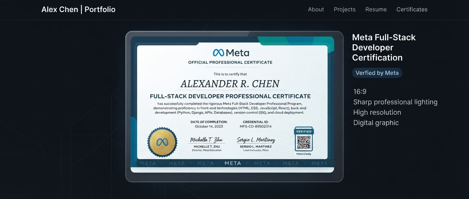 Meta Full-Stack Developer certificate design